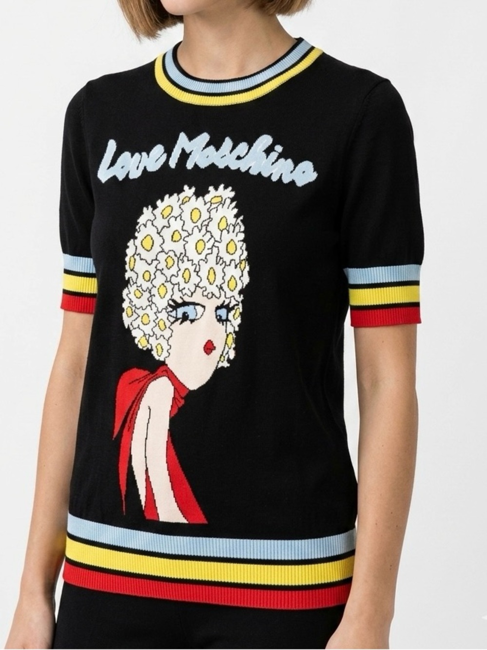 Love Moschino Black Daisy Girl Intarsia Knit Short Sleeve Top Preppy Y2K Pop Art